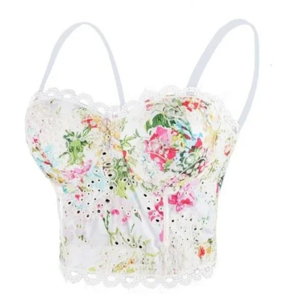 Women's Embroidery Floral Hollow Lace Bustier Crop Top Sexy Corset Bra Top White - Picture 7 of 7